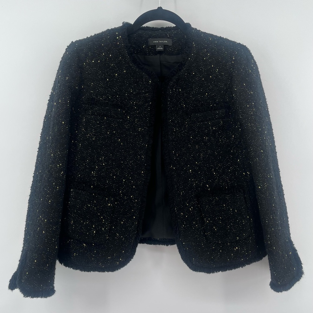 Ann Taylor Wool Blend Tweed Jacket Black Gold Specks Women's Size 2 Classic